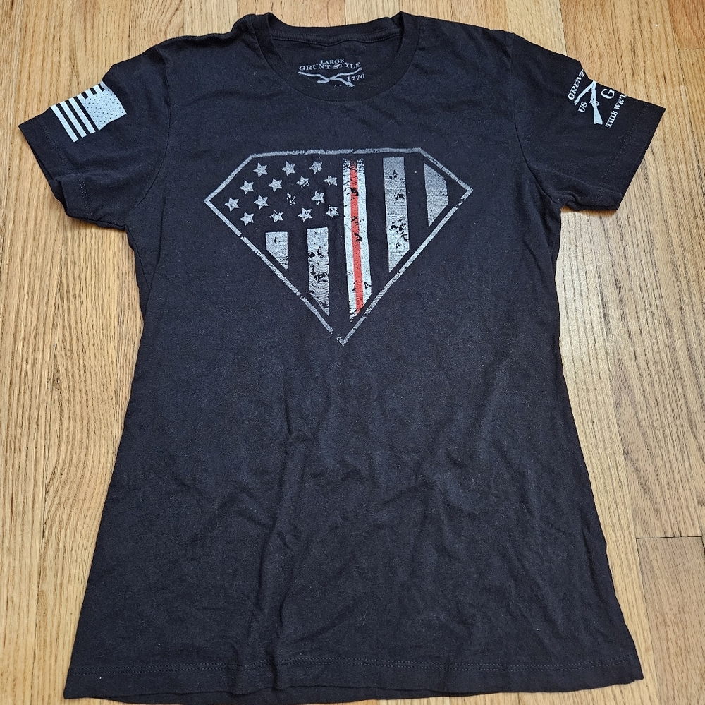Grunt Style GS Superman Patriotic T Shirt Womens Size s Black Graphic Logo